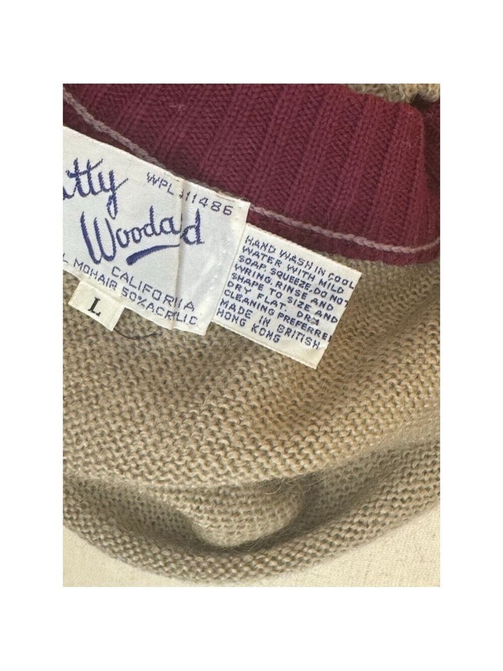 Vintage wool/acrylic vest British Hong Kong Patty Woodard label maroon tan LG - Picture 7 of 7